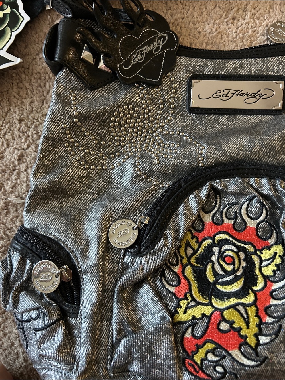 Ed Hardy Metallic Silver Shoulder Bag with Flaming Rose Patch - Picture 3 of 10